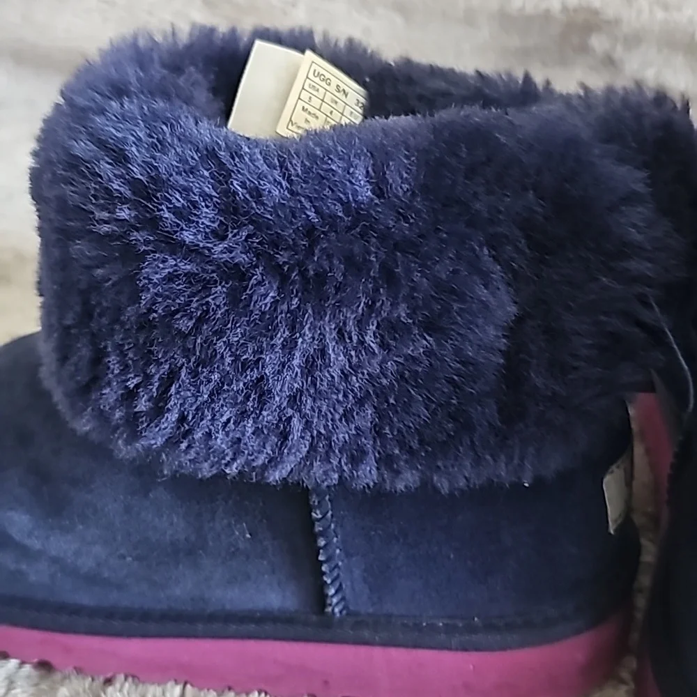 UGG Kids Navy Suede Shearling Boots with lavender Soles
